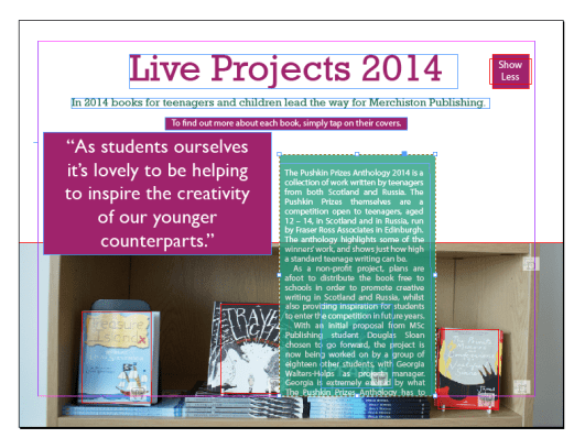 Article about Merchiston Publishing's this year's live book projects. Article about this year's live projects