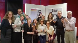 The Publishers Inc 2015 team with mentor and tutor dave McCluskey far right, MSc Magazine Publishing module leader Derek Allen to his left and Programme leader Avril Gray to his left